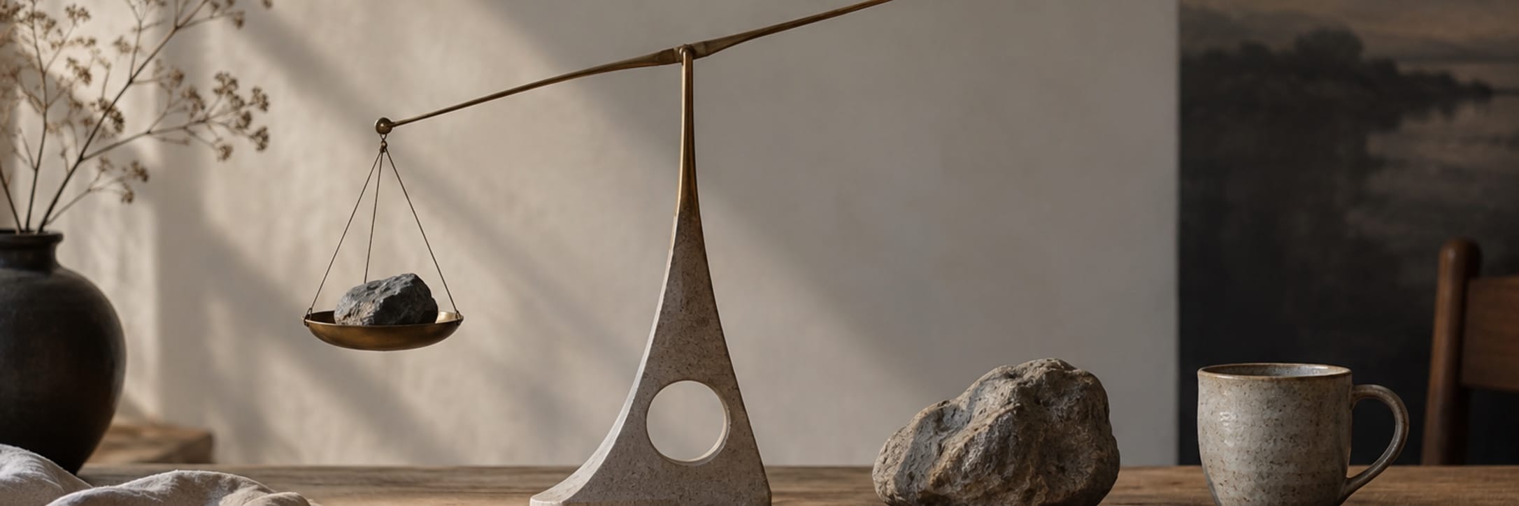 A handmade balance scale sits on a quiet table with a cup and stone.