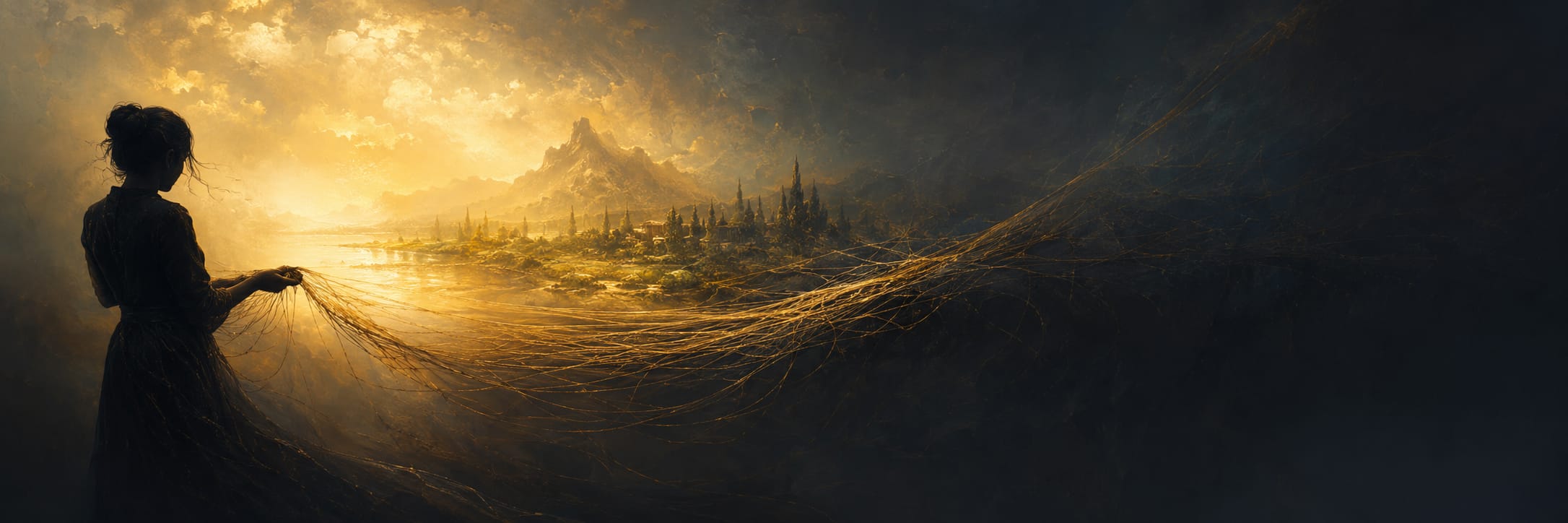 A woman holds glowing threads stretching from swirling chaos to a sunlit valley with mountains and buildings.