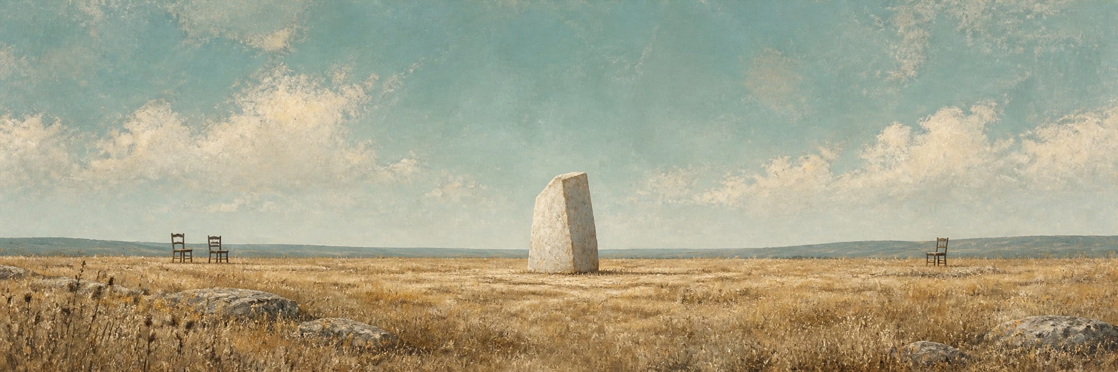 A pale irregular stone stands alone in a dry field beneath an ocean horizon.