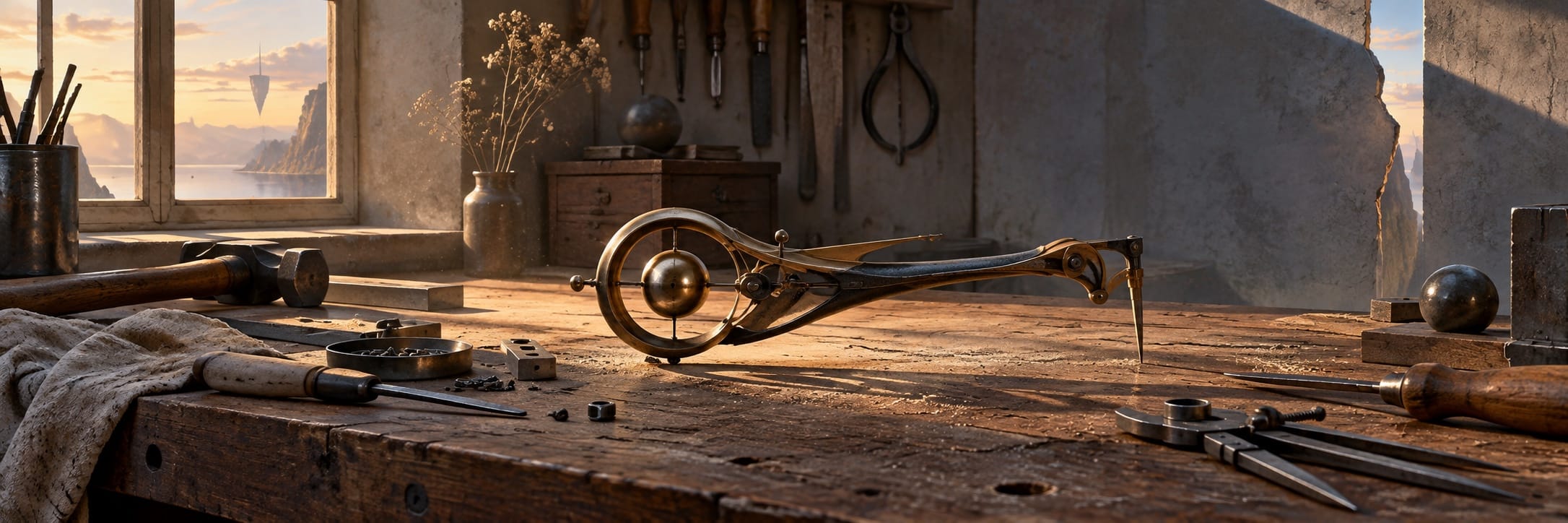 An intricate unfamiliar hand tool lies on a dusty workbench among ordinary tools, with a fractured landscape beyond the window.