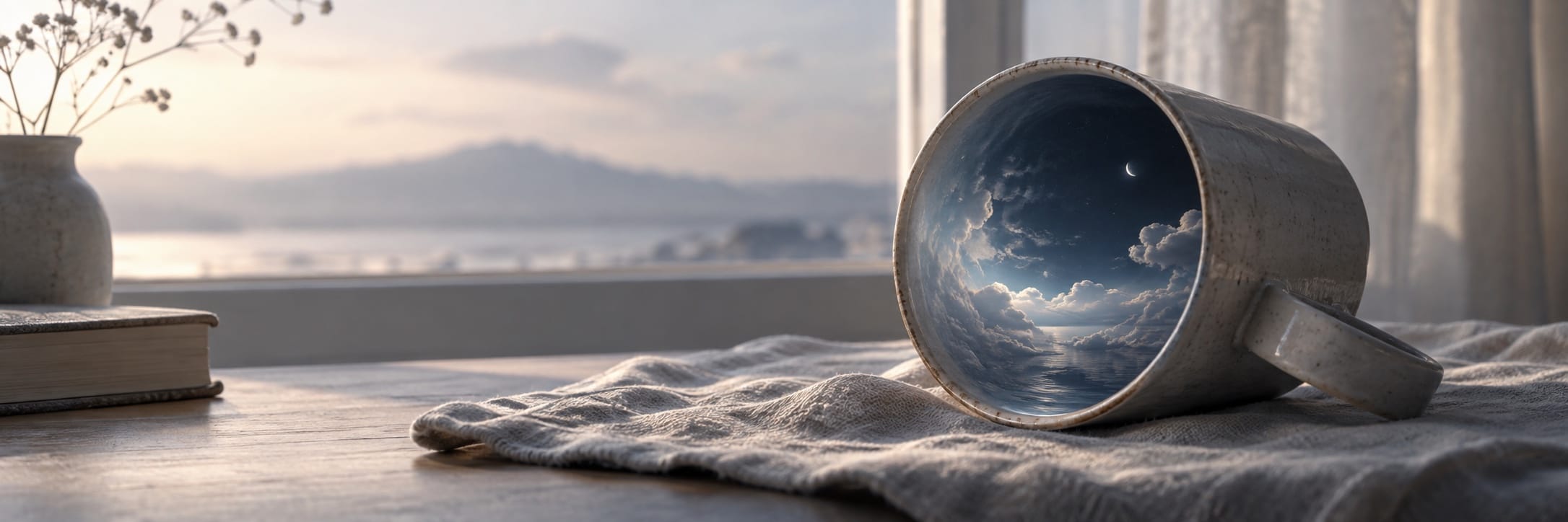 A surreal mug on its side reveals an imaginative scene of clouds and ocean through a nearby window.