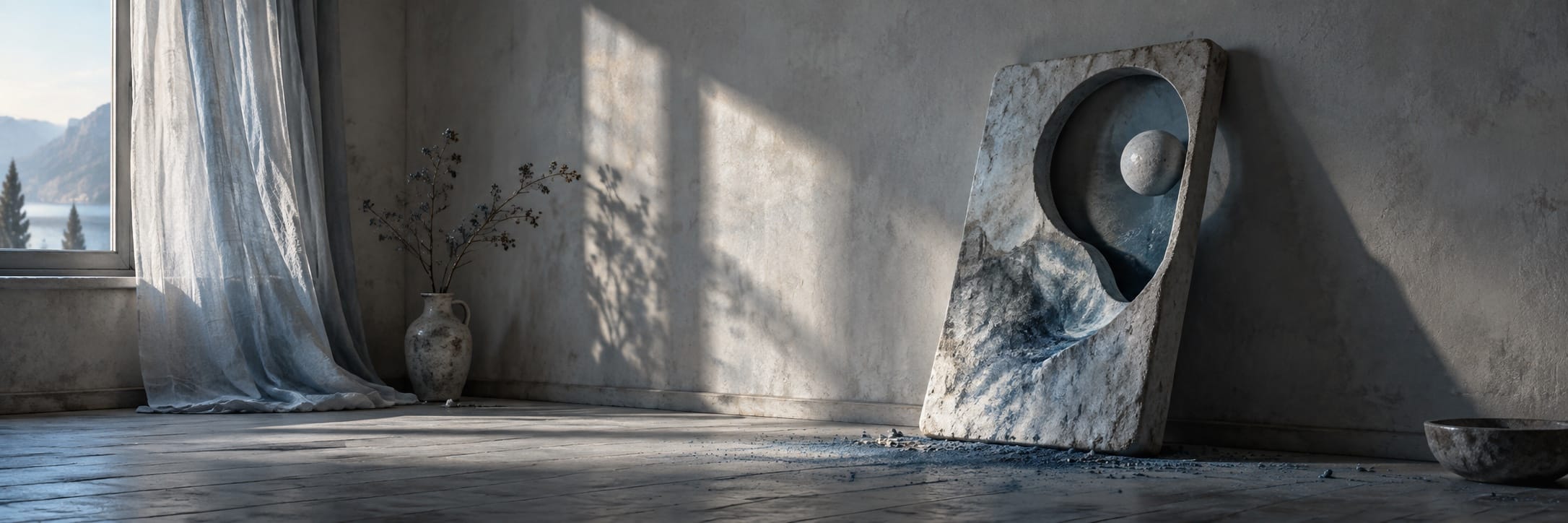A pale abstract sculpture leans against a shadowed wall in a quiet room, with blue dust scattered across the floor.