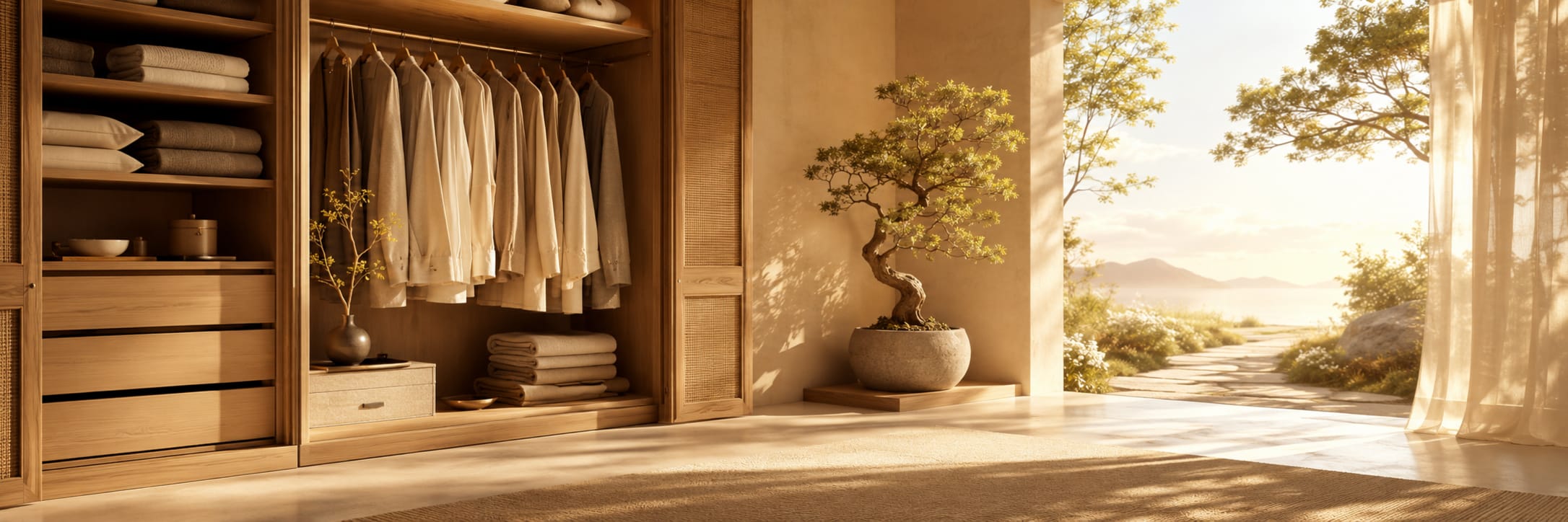 Minimalist closet with organized clothes, a bonsai tree, and a path leading outside to nature and reflection.