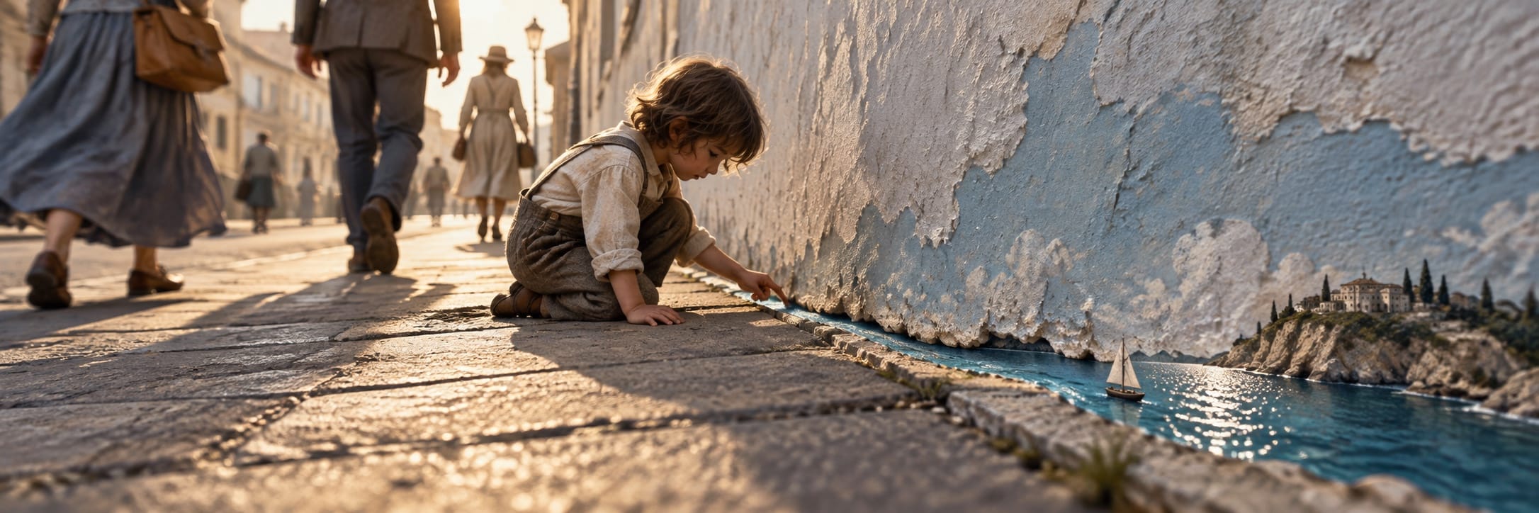 A child in vintage clothes touches a surreal seascape mural while people walk by on a cobblestone street.