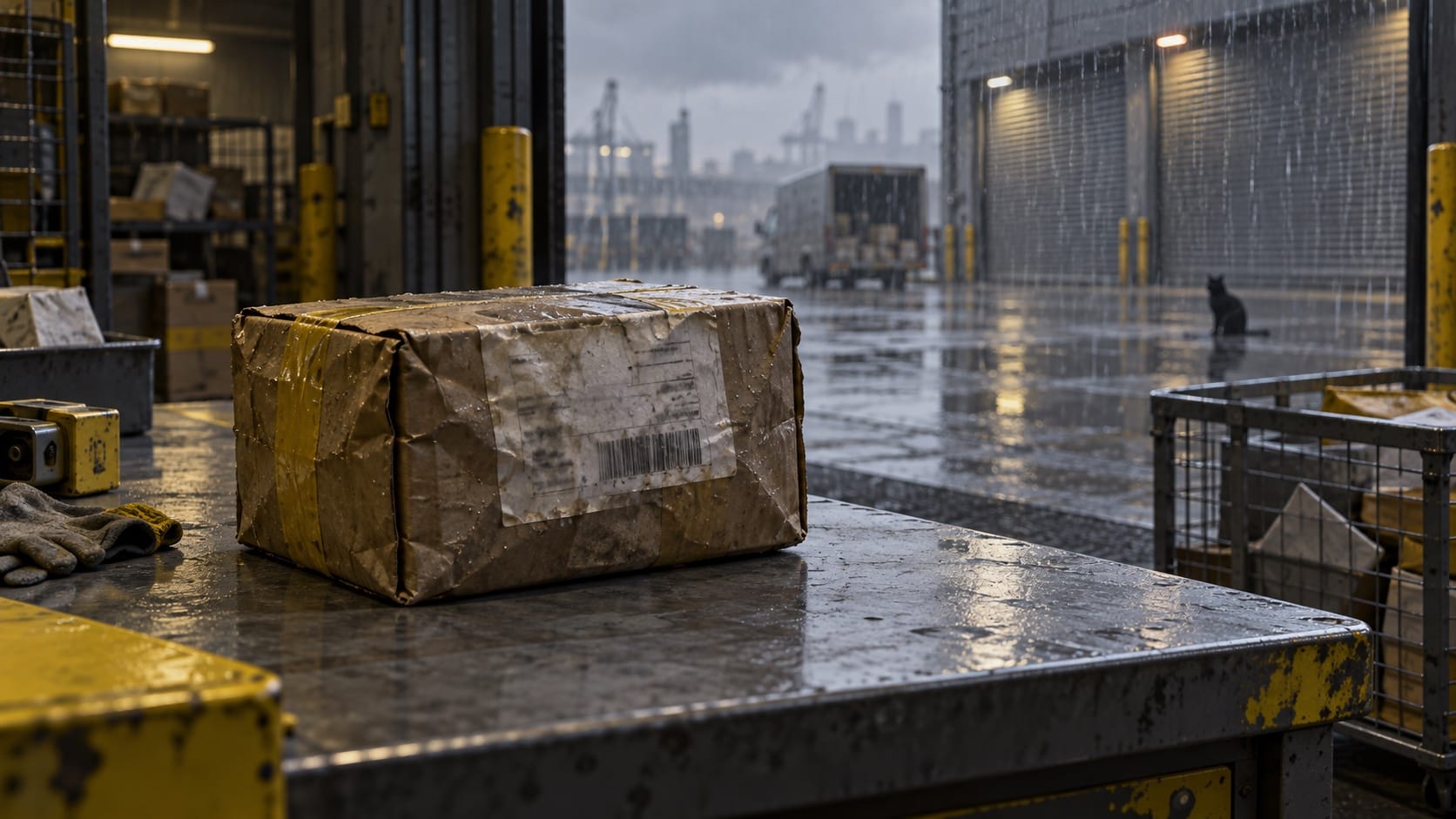 A worn undeliverable parcel rests on a metal returns-depot table beside a rainy loading bay.