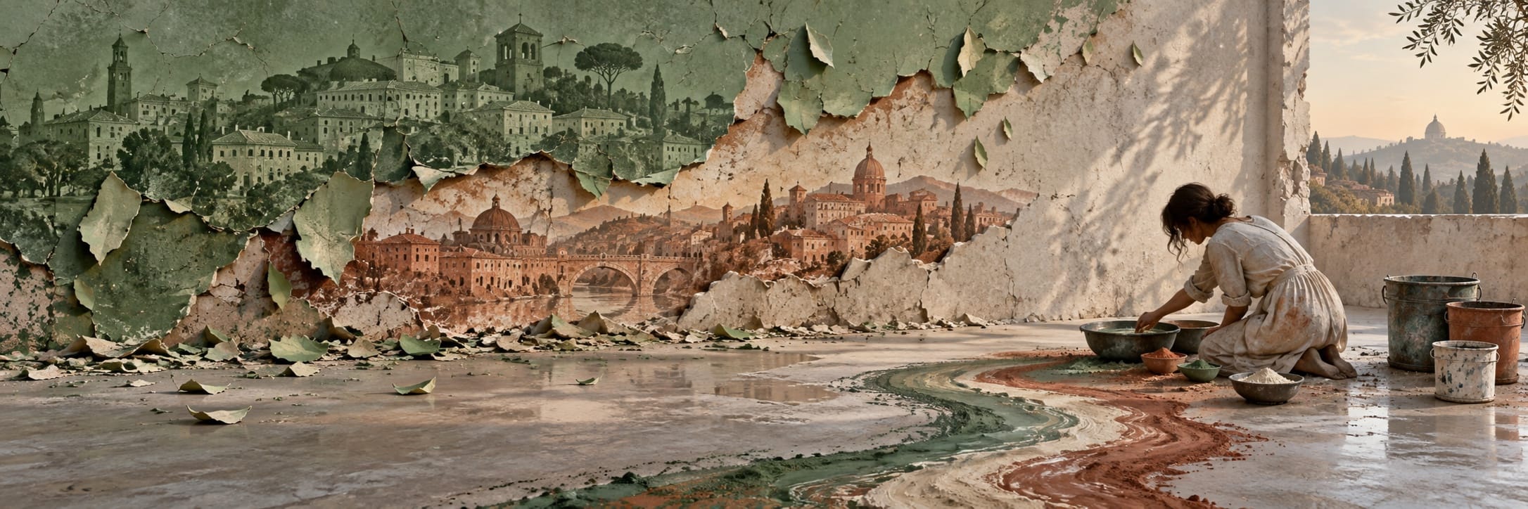 A person painting a cityscape mural on a peeling wall, with buckets and natural-colored earth scattered on the floor.