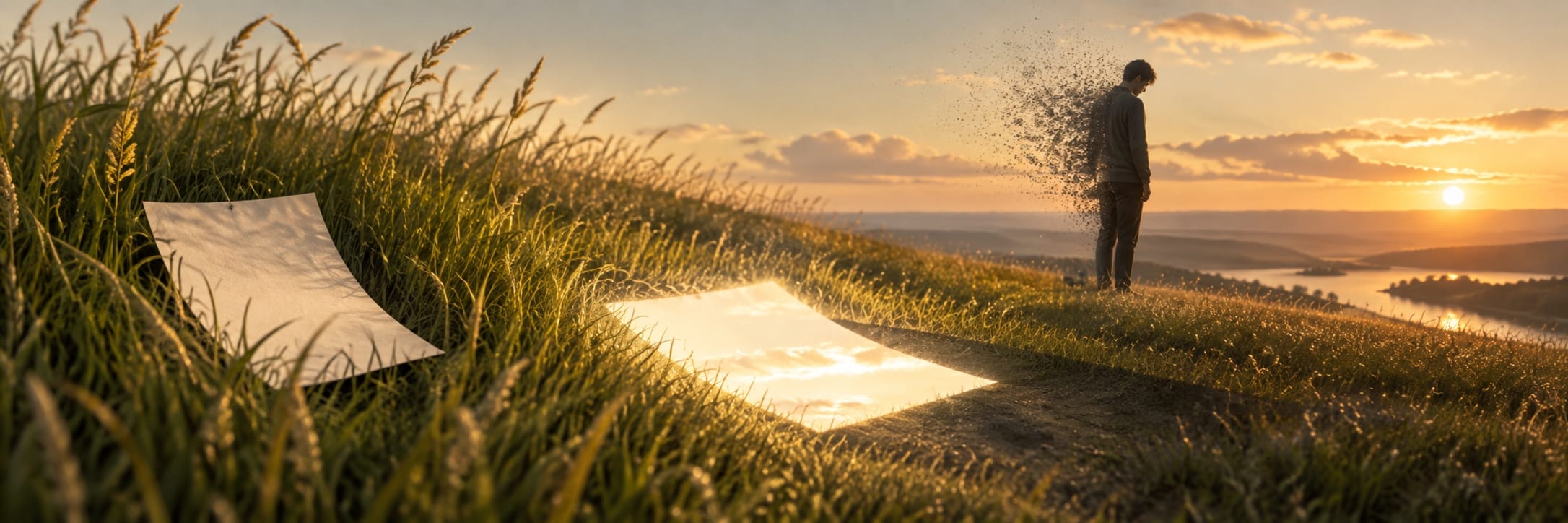 A man dissolves into particles on a grassy hill at sunset as two blank sheets scatter nearby.