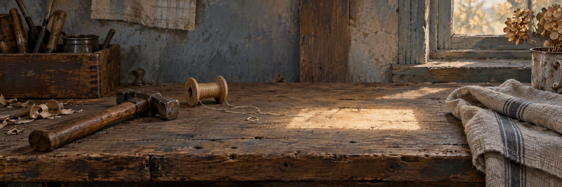 A worn wooden workbench holds a hammer, a spool and folded cloth in sunlight.