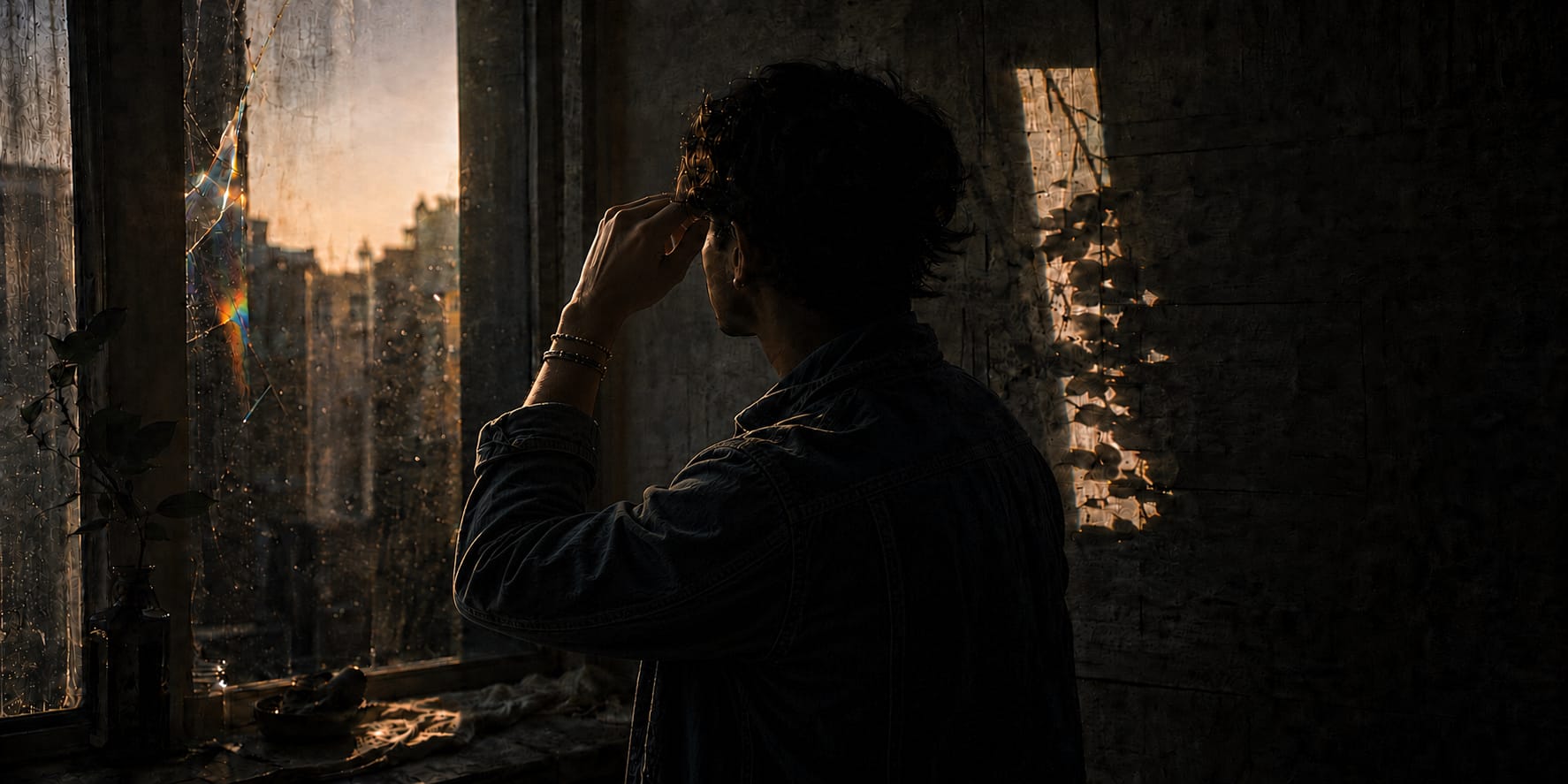 A person gazes out a dirty window at sunset as plant shadows from outside move across the textured wall.