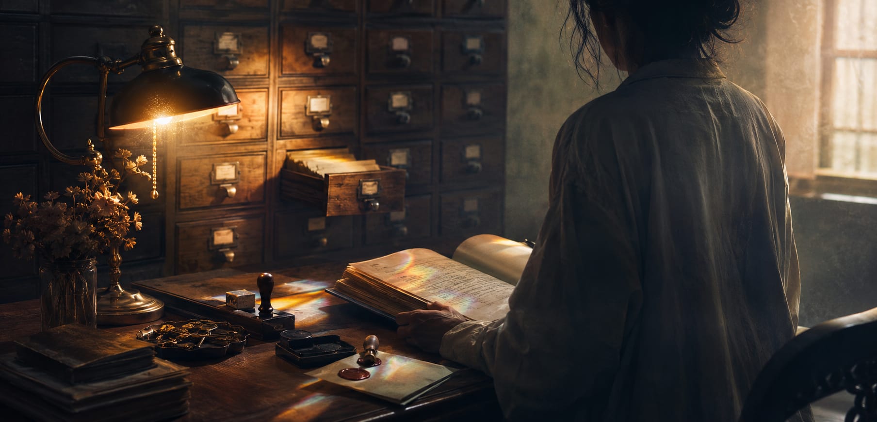 A focused person sits at a desk with open books and old files, drawers lined up behind them.