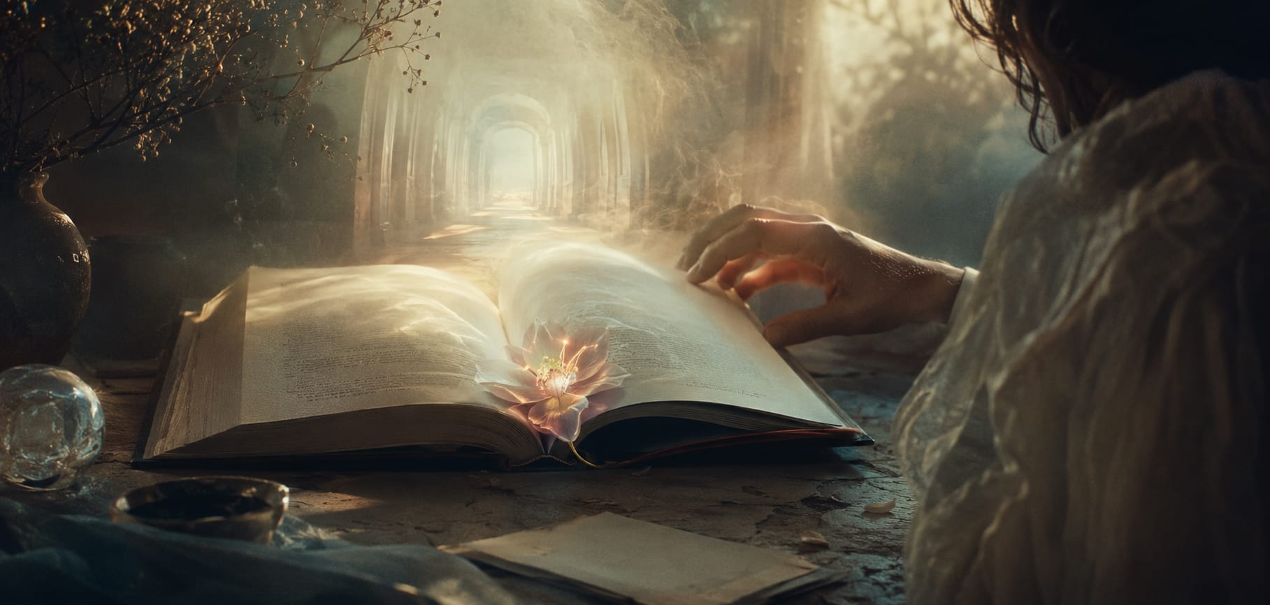 A person touches an open book with glowing flowers, with light streaming through an arched hallway in the background.