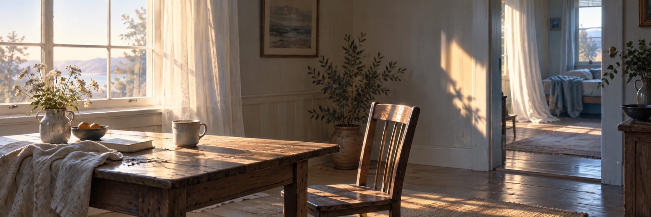 Cozy room with wooden table, chair, vase, and mug; open doorway reveals a bedroom.