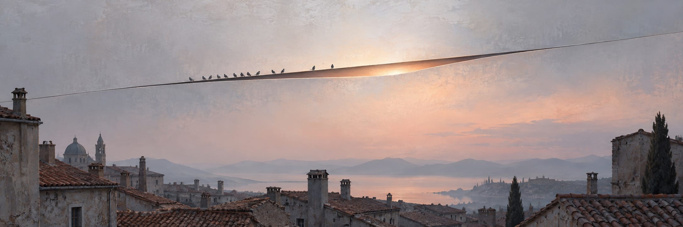 Birds perched on a wire at sunset, with reflections in shimmering water and distant mountain silhouettes.