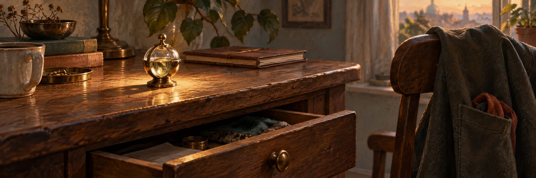 A small brass-and-glass object rests on a desk above an open drawer, beside a coat draped over a chair.