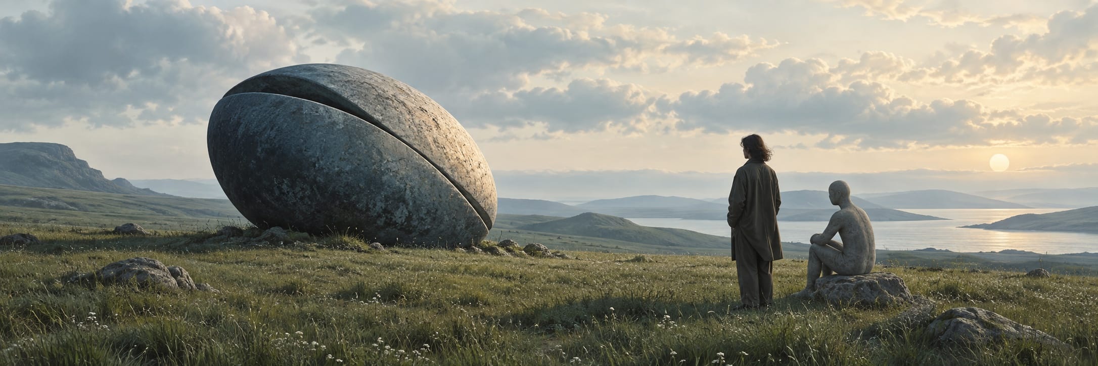 One figure stands and another sits beside a split stone sphere on grassy plains, with glowing hills and water in the background at sunset.