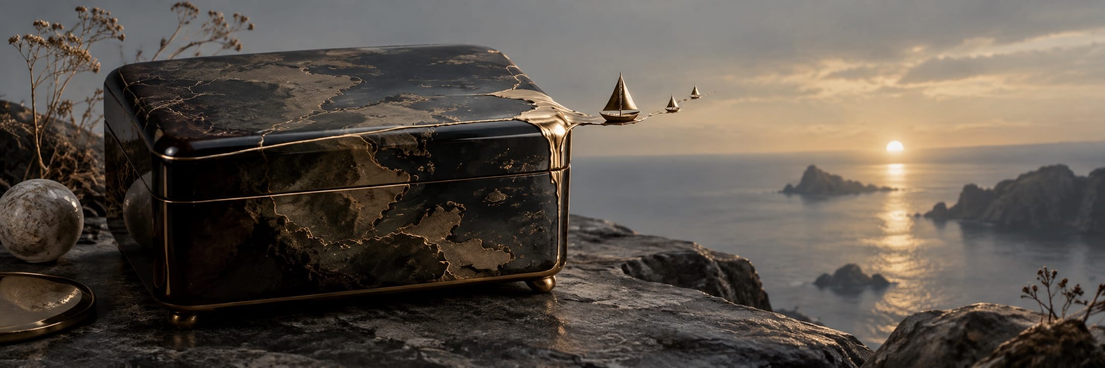 A surreal box sits on rocky ground by a coastal cliff, with metallic drops spilling toward the shimmering sea.