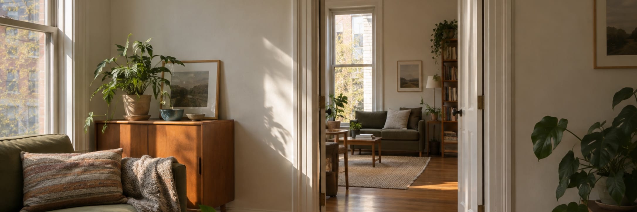 A plain open door frames a vast blue mountain landscape beyond a domestic room.
