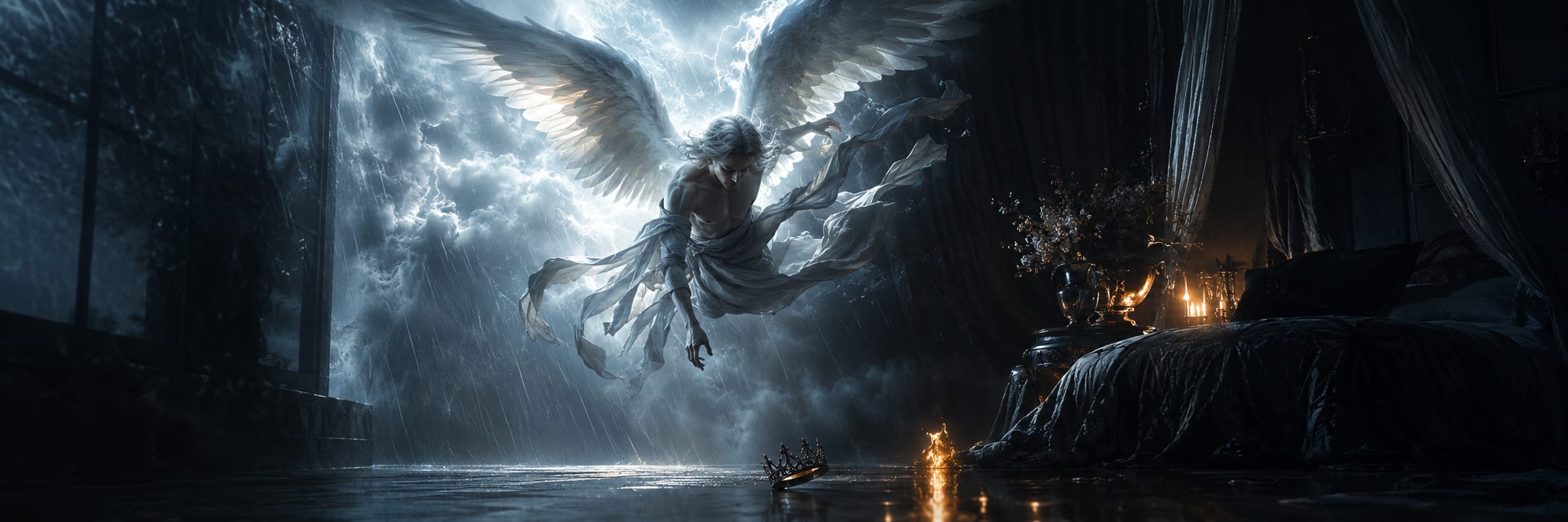 A glowing angel hovers with wings spread, light streaming in, near a fallen crown and lit candles on a shadowy floor.