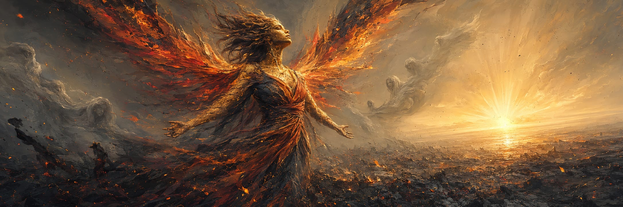 A person with fiery wings stands on rocky ground at sunrise, symbolizing resilience and spirit overcoming chaos.