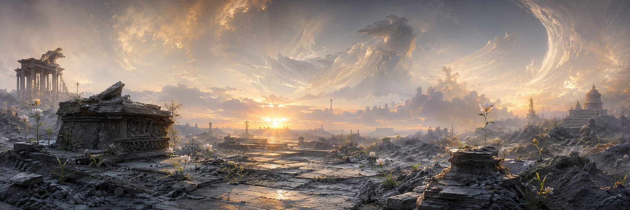 Ruined stone structures and plants at sunrise with ethereal cloud figures, suggesting strength and spirit amid chaos.