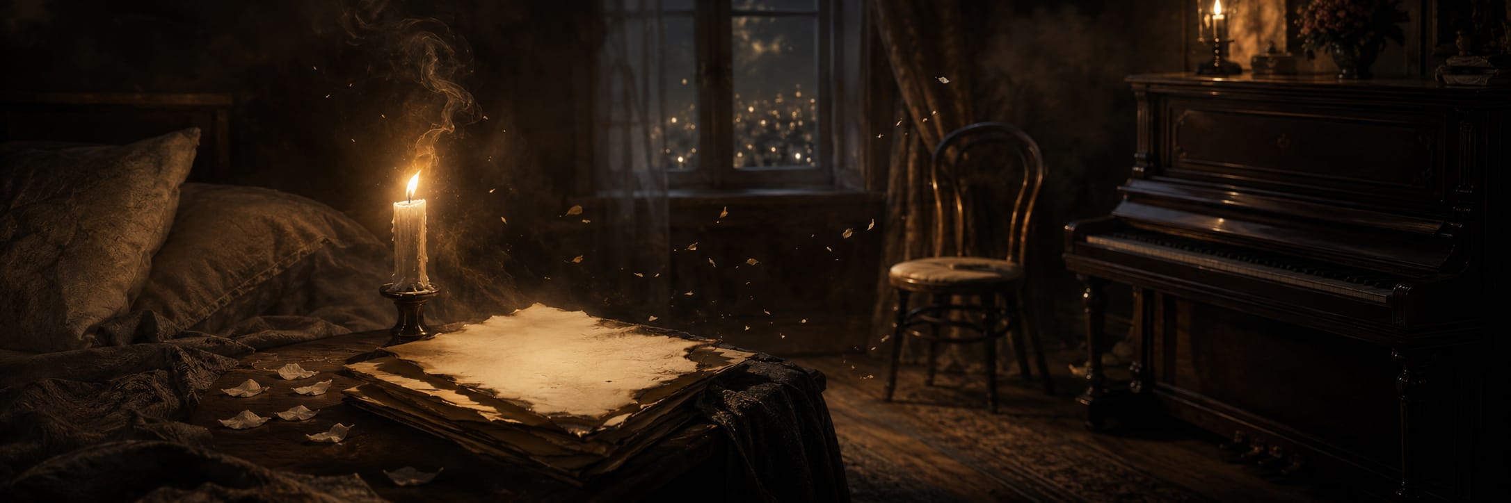 A lit candle rests on aged papers in a bedroom. Piano music plays and city lights are visible through the window.