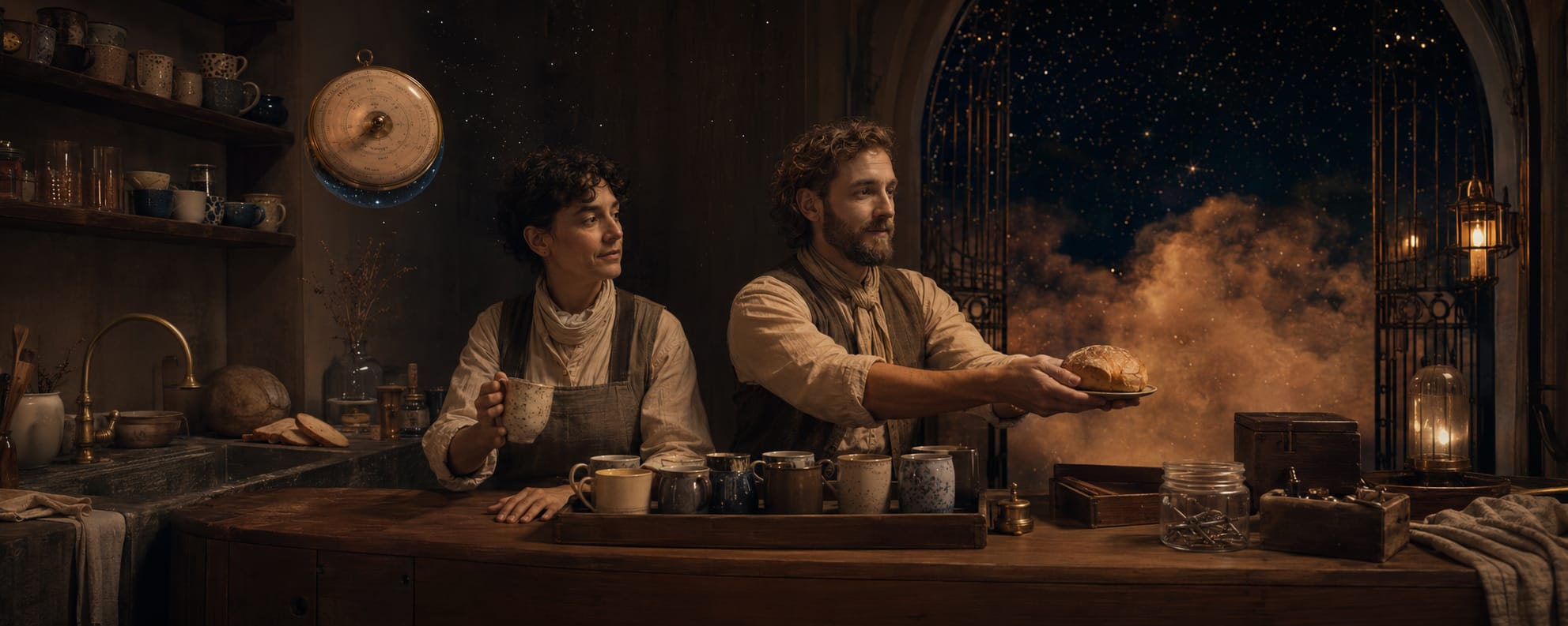 Two people serve bread and drinks in a cozy kitchen, with a surreal night sky visible through an open archway.