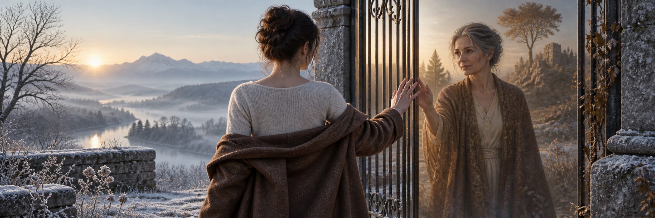 A woman touches an iron gate, her reflection blending with snowy nature as the sunrise colors the landscape behind her.