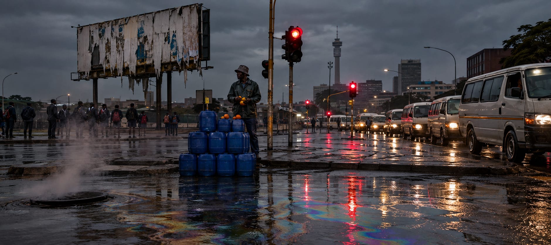 A person stands next to stacked blue containers on a wet city street with reflections, under cloudy skies and a worn billboard.