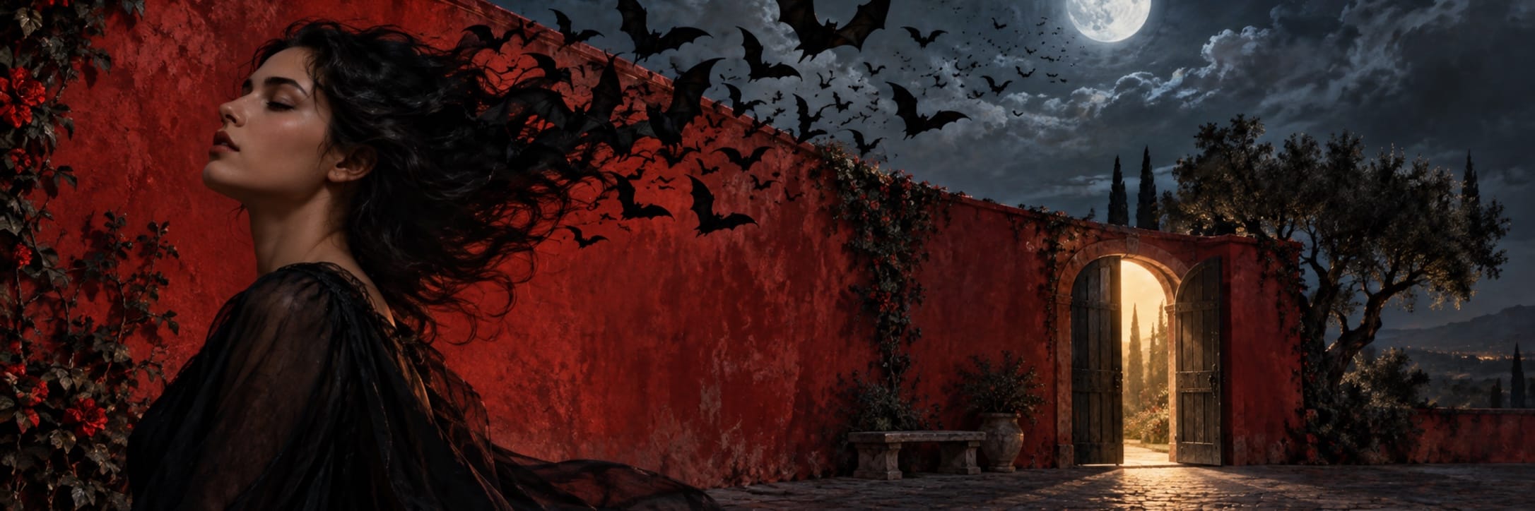 A woman in black stands by a red wall as bats fly overhead and an open gate glows beneath the full moon.
