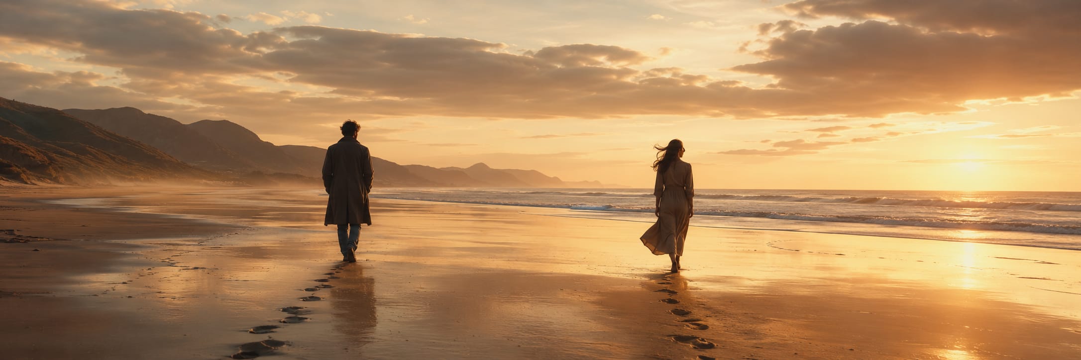 Two people walk along a sandy beach at sunset, leaving footprints leading toward distant hills beneath dramatic clouds.