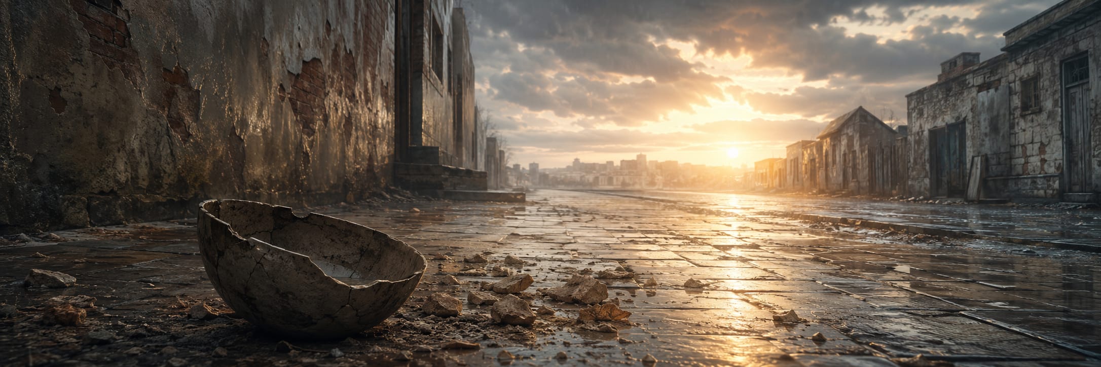 A broken helmet rests on a wet, empty street at sunset among old, crumbling buildings.