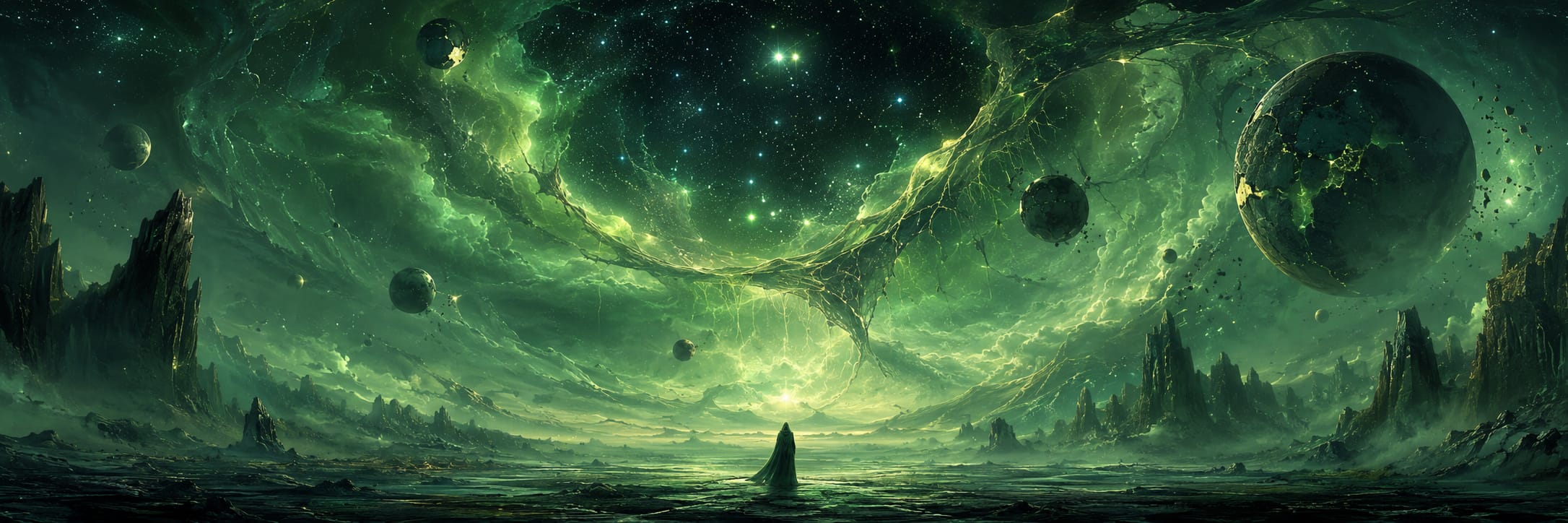 A cloaked figure stands on cracked ground under a swirling green sky, evoking a surreal and chaotic atmosphere.