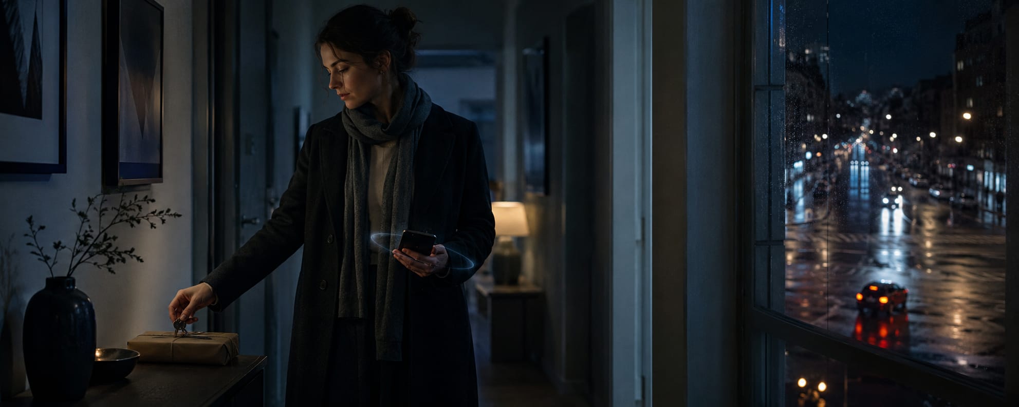 A woman in a dark coat stands by a table, holding her phone, with rain visible on the city street outside.