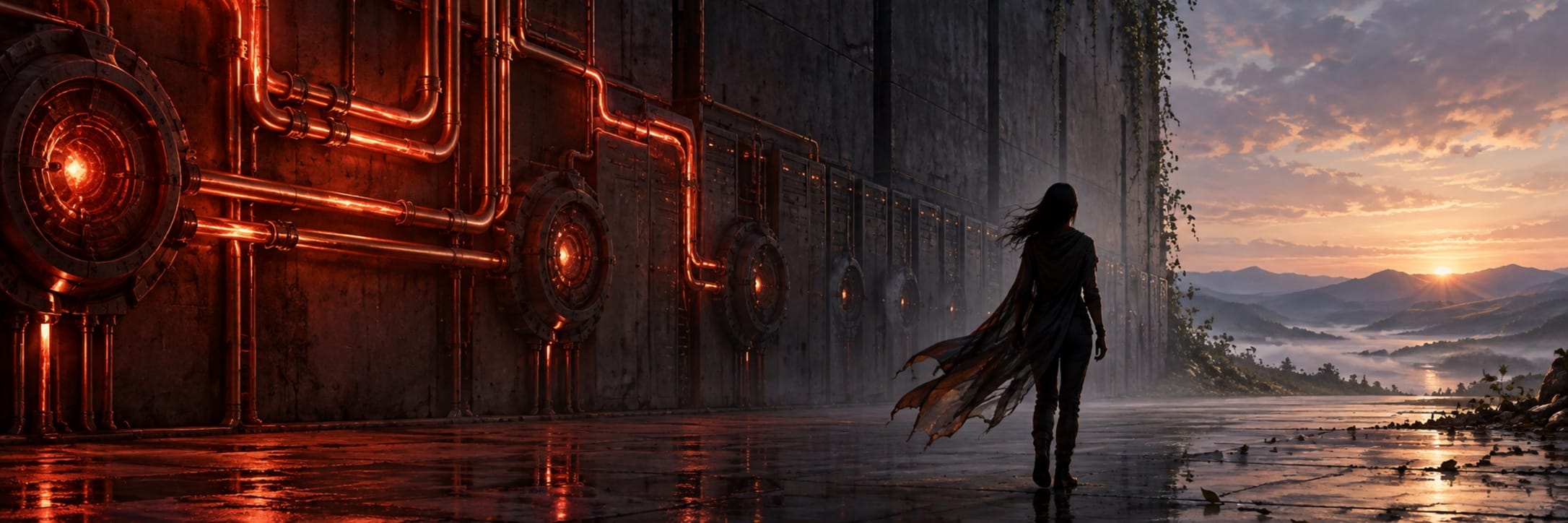 A person in a tattered cape stands before glowing orange pipes at sunset, with distant mountains and a sense of looming chaos.