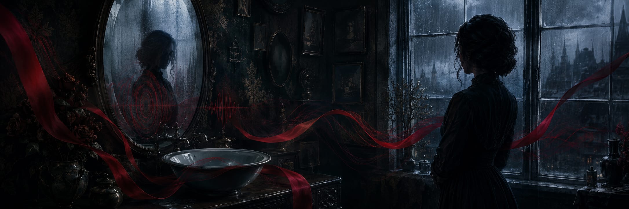 A woman stands by a window as rain falls; red ribbons float from a mirror that reflects her strength and spirit amid chaos.