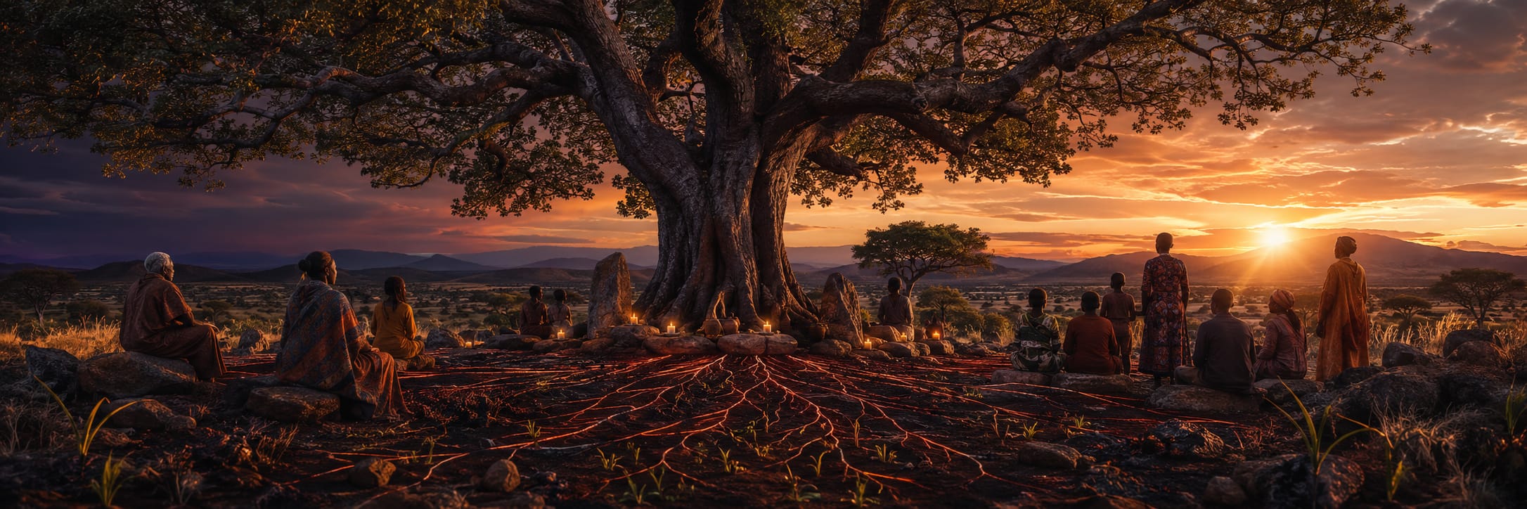 People gather under a large tree with glowing roots at sunset, surrounded by the savanna's vast horizon.