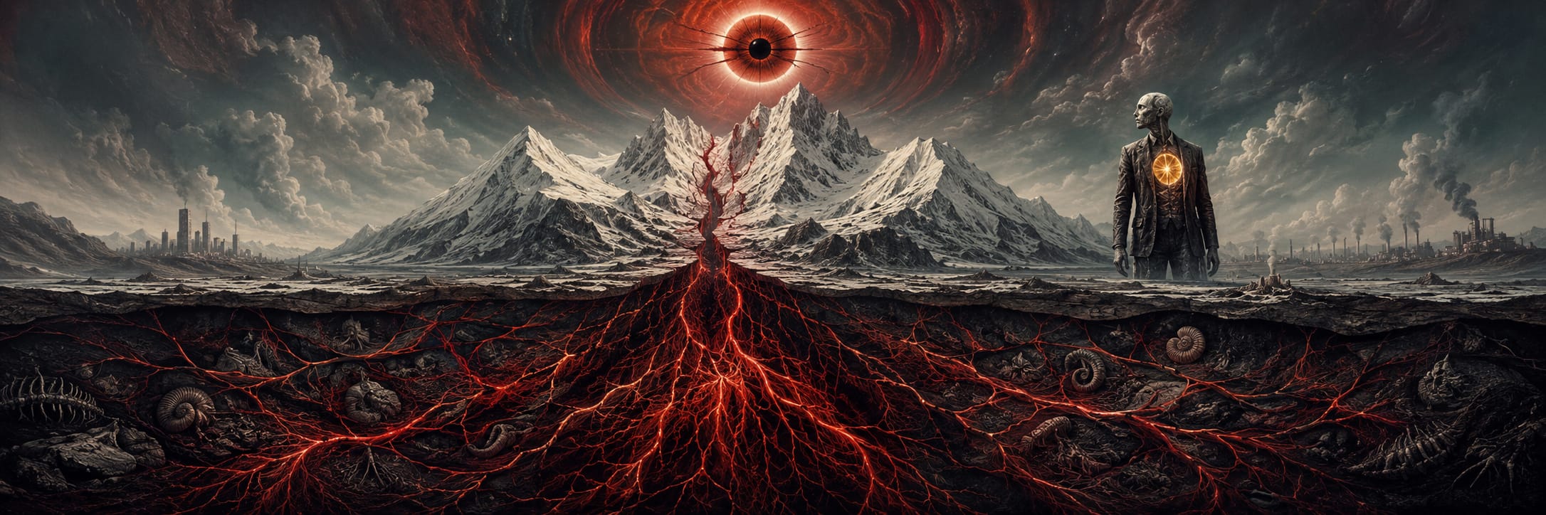 A glowing red eye hovers above snowy peaks with luminous roots and a figure’s radiant chest mirroring natural chaos.