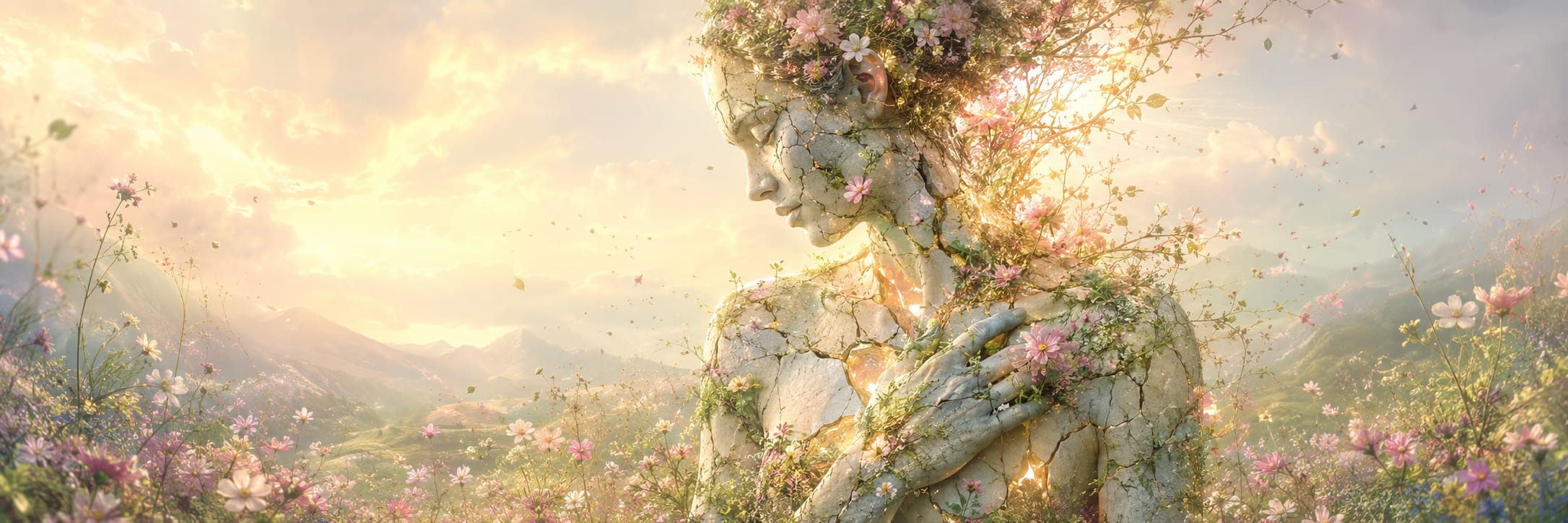 Cracked stone statue of a woman with flowers, symbolizing nature and reflection in a scenic landscape.
