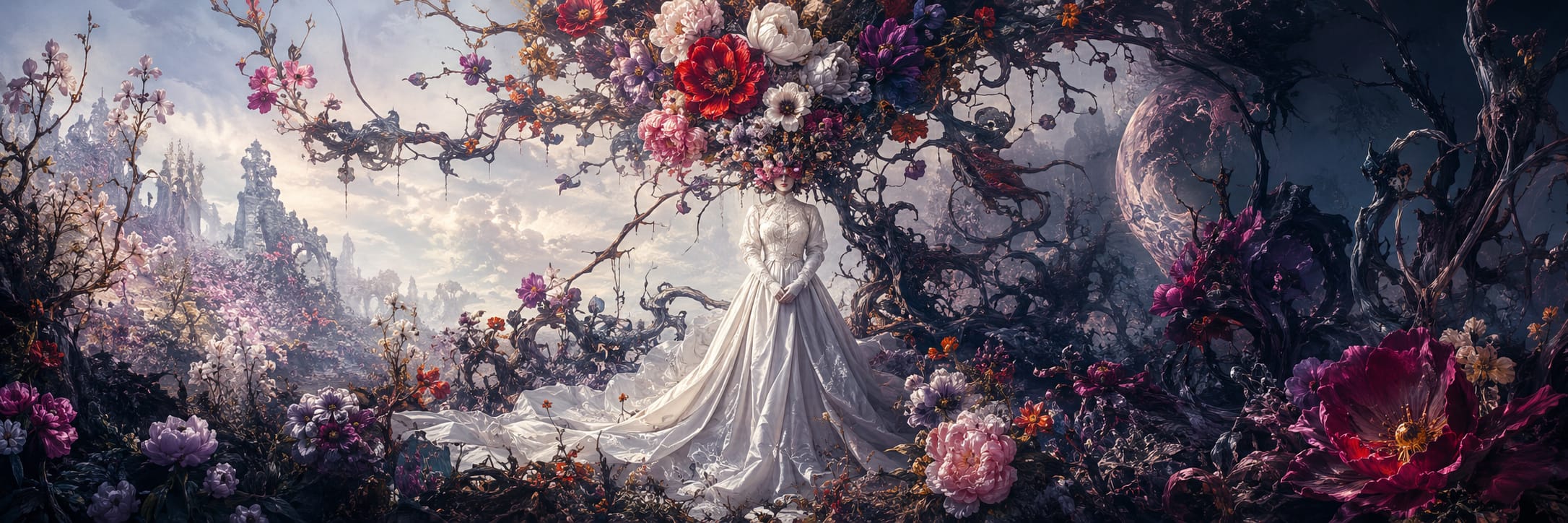 A white dress stands under a floral arch surrounded by colorful flowers and twisted branches in a surreal landscape.