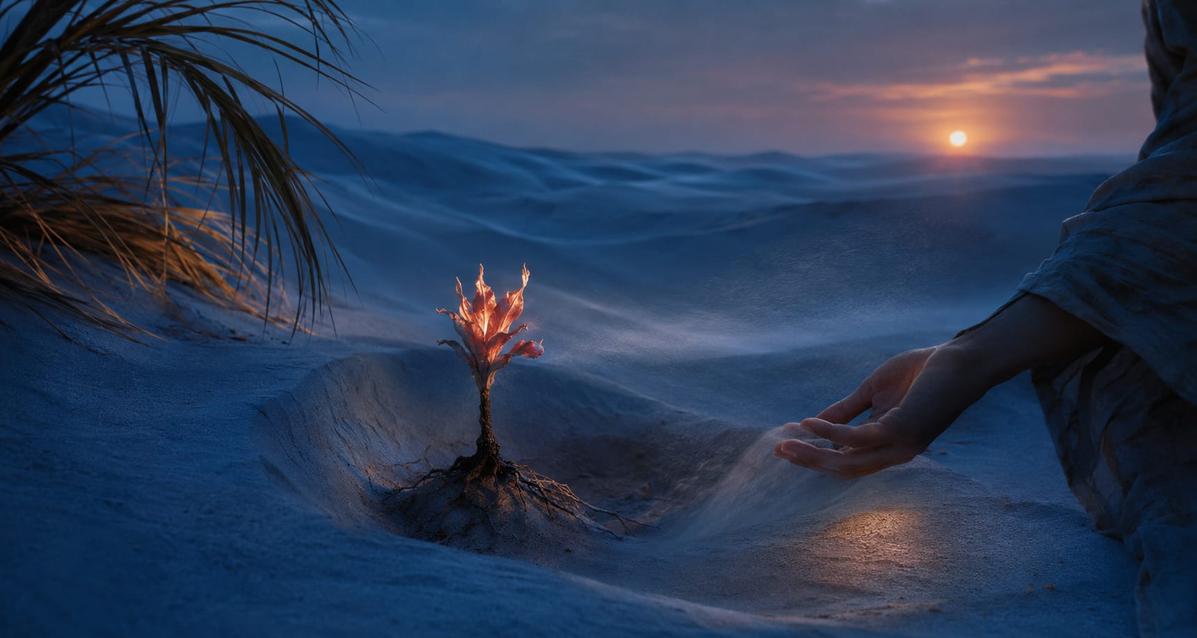 A small flaming tree in desert sand with hands nearby, set against a sunset over fantastical dunes.