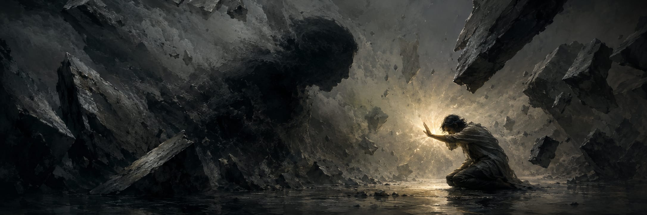 A person kneels among rocks, glowing hands raised toward a shadowy figure.