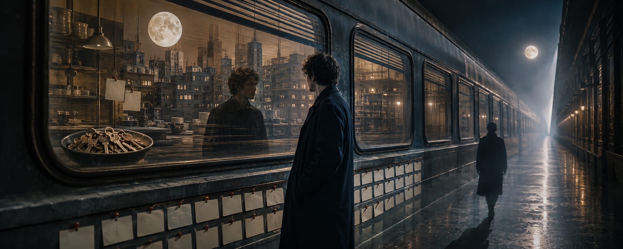 A person stands by a train window at night, their reflection visible. Another figure walks down the wet platform.