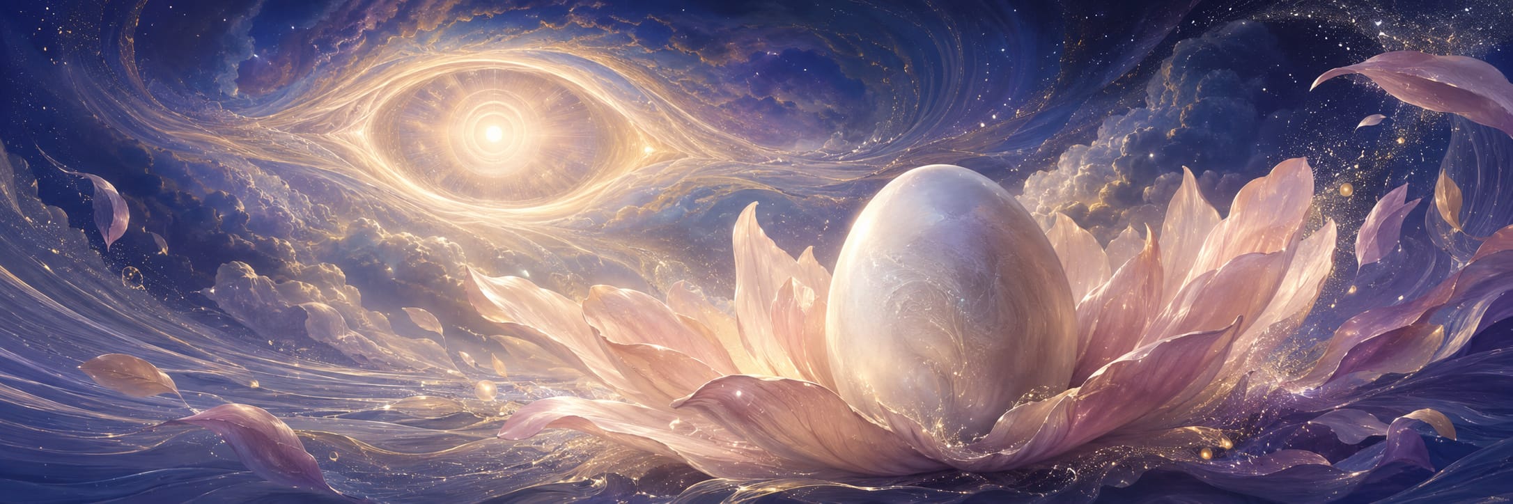 A glowing egg rests in a lotus flower, floating in a surreal starry scene with an ethereal eye-shaped light above.