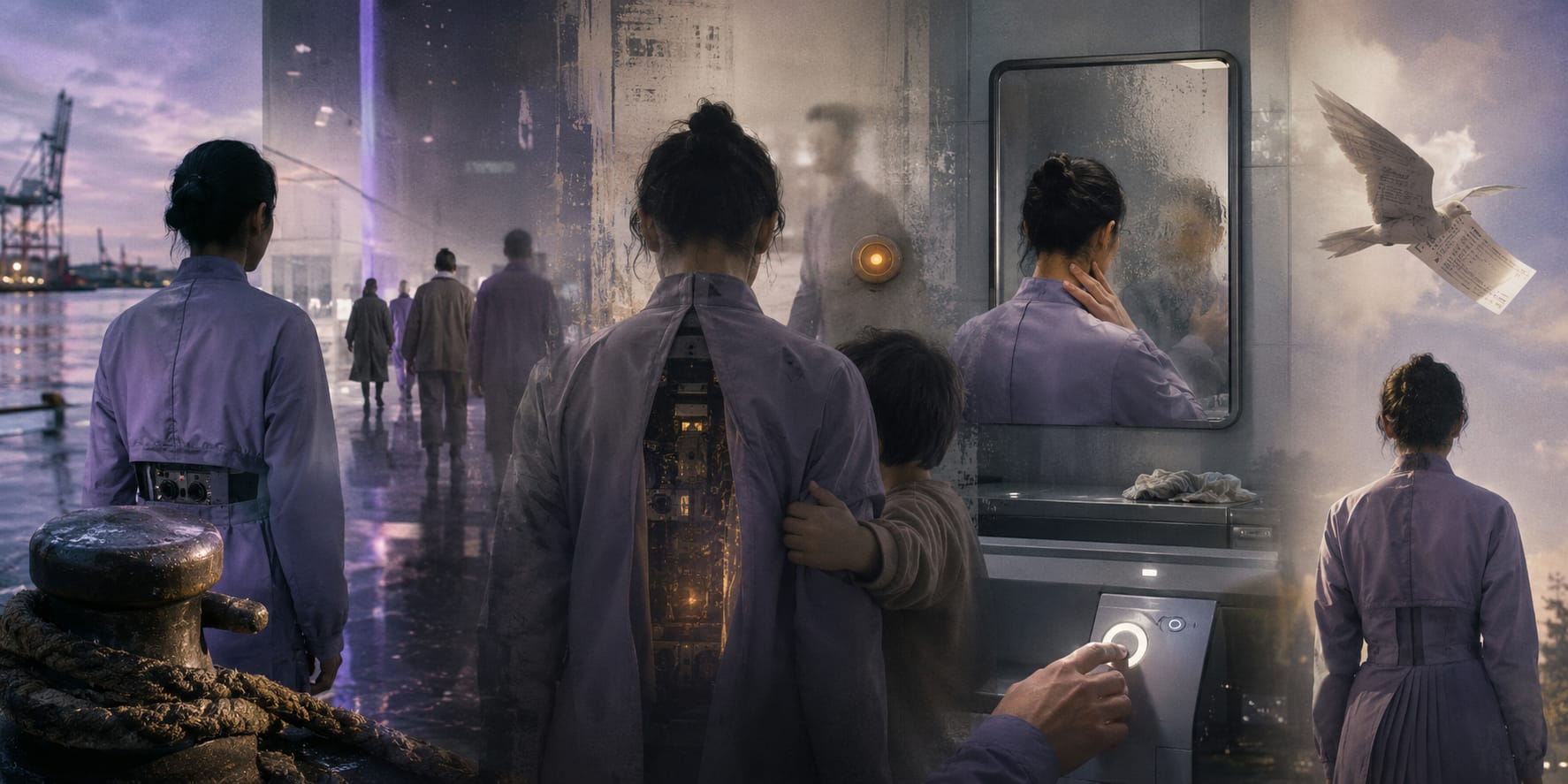 A woman in a purple coat and a child move through futuristic cityscapes, mirrors, and machinery amidst chaos.