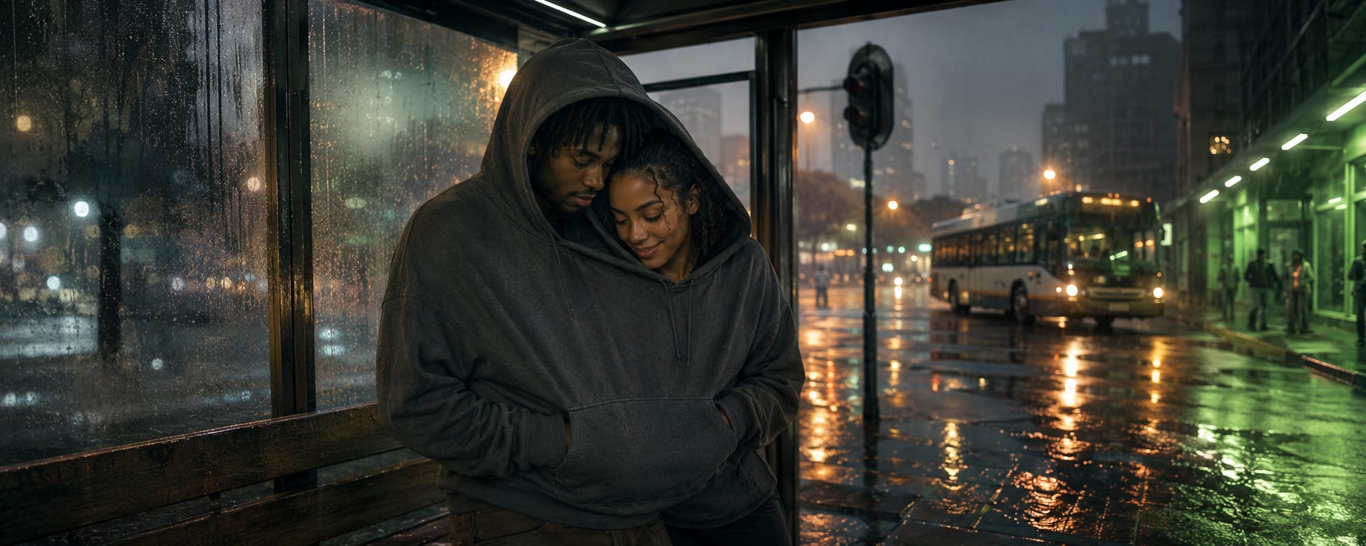 Two people in hoodies embrace at a rainy bus stop, with city lights and reflections on the wet pavement behind them.