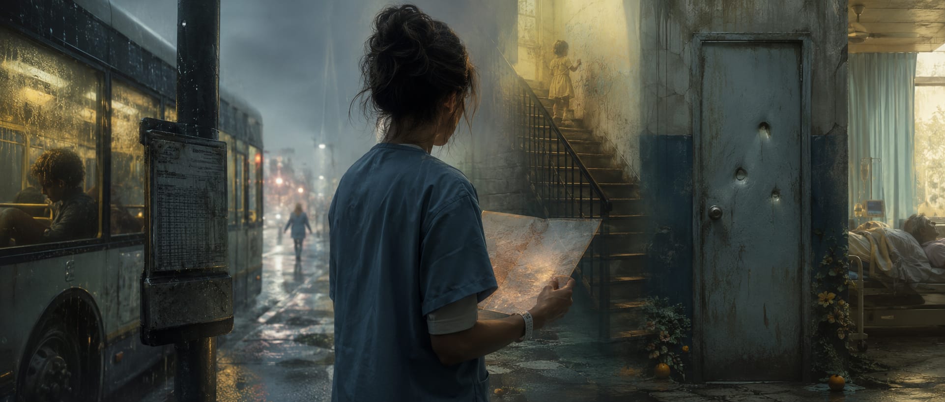 A woman in scrubs studies a map on a rainy street as patients wait outside a worn building.