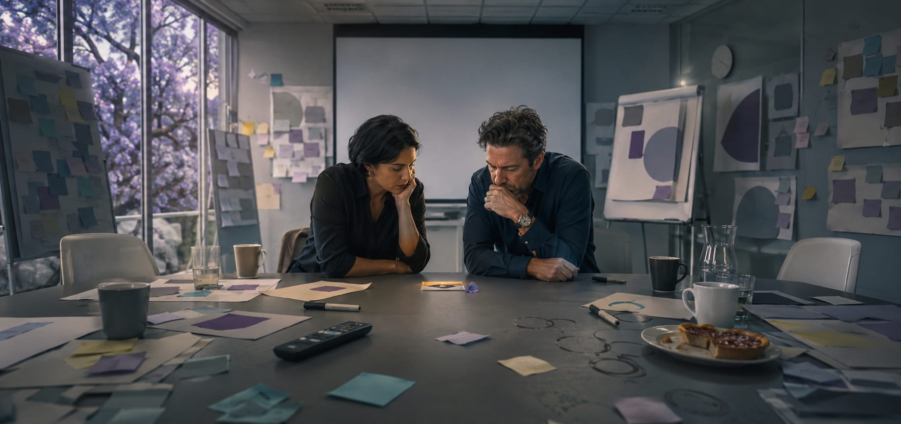 Two people at a cluttered meeting table focus on a small object, hinting at subtle office subversion.