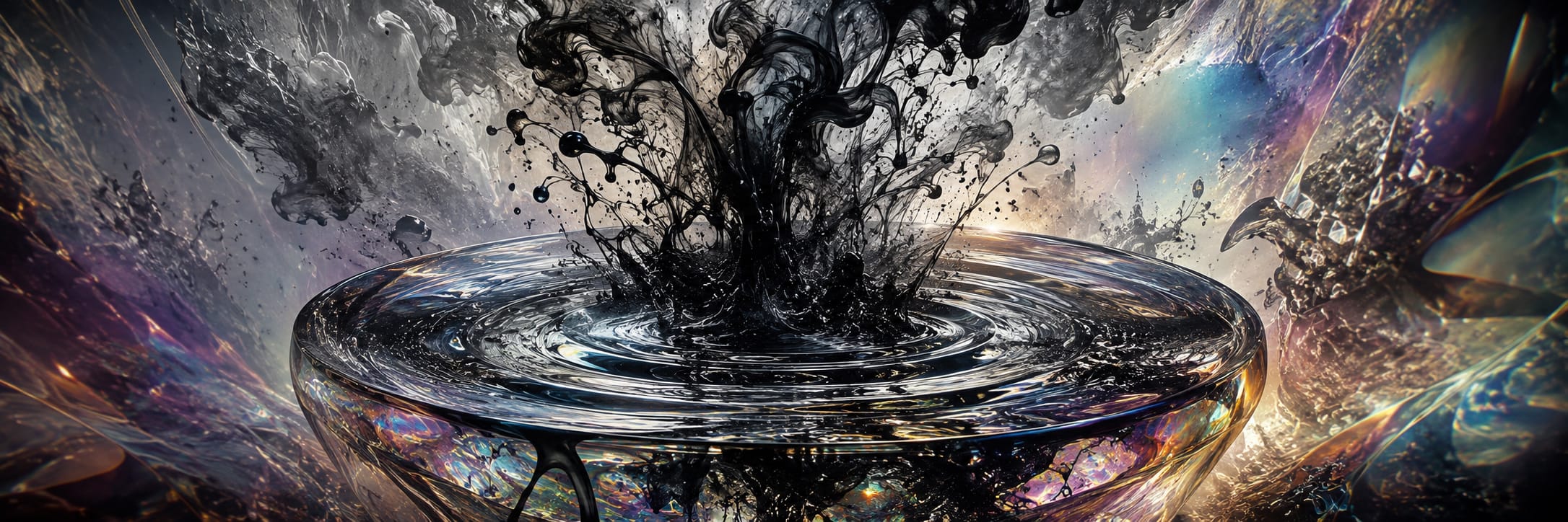Black liquid splashes into a glass bowl, creating ripples as prismatic colors and abstract patterns swirl around.
