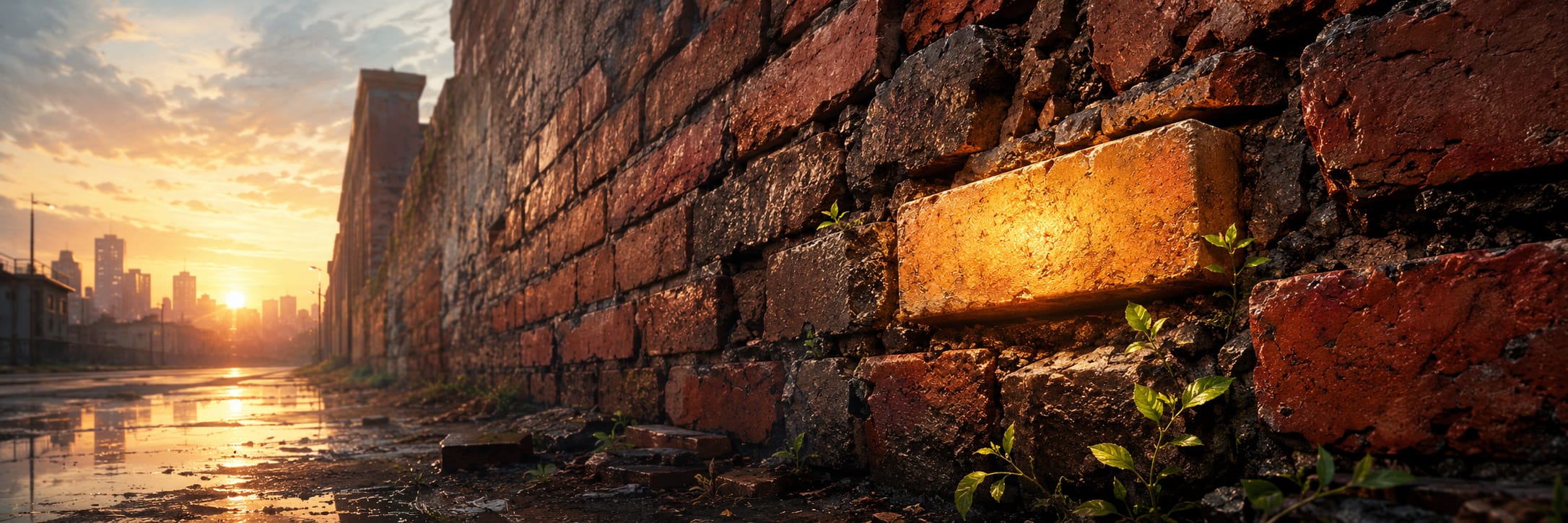 Old brick wall with green plants and a glowing golden brick. City skyline and puddles suggest nature and reflection.
