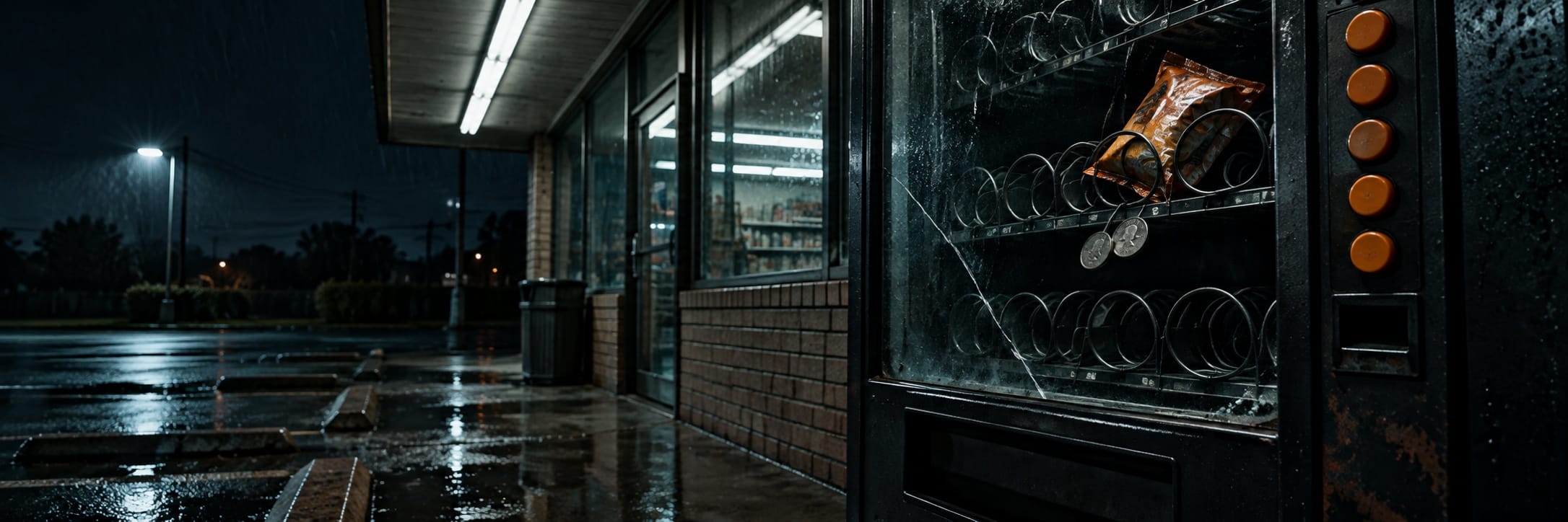 A broken vending machine glows under fluorescent light outside a closed shop on wet pavement.